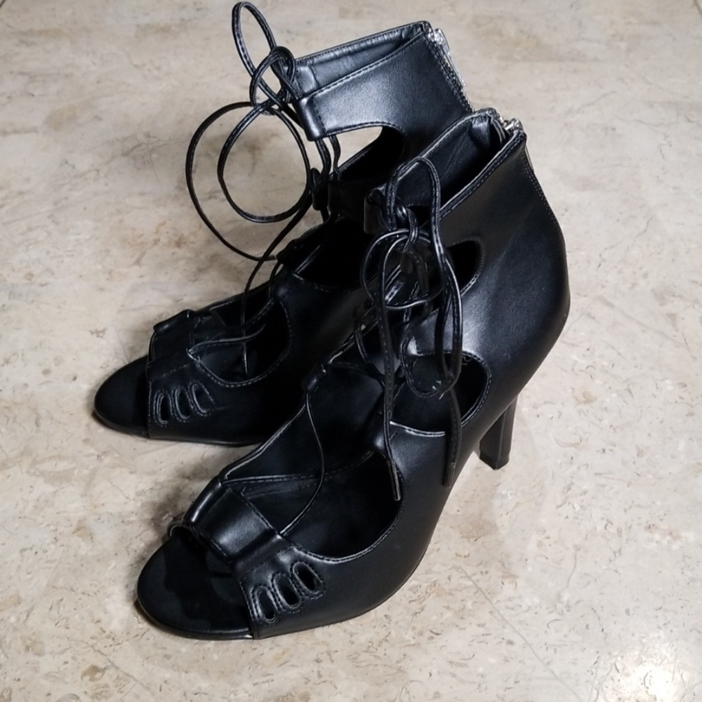 Black faux leather lace up Heels